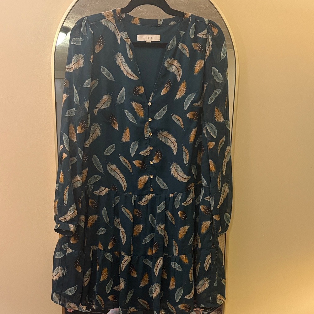 LOFT Teal Feather Patterned Dress